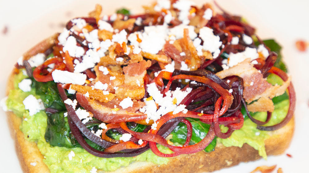 Avocado Toast with Spiralized Beets, Swiss Chard, Feta and Bacon