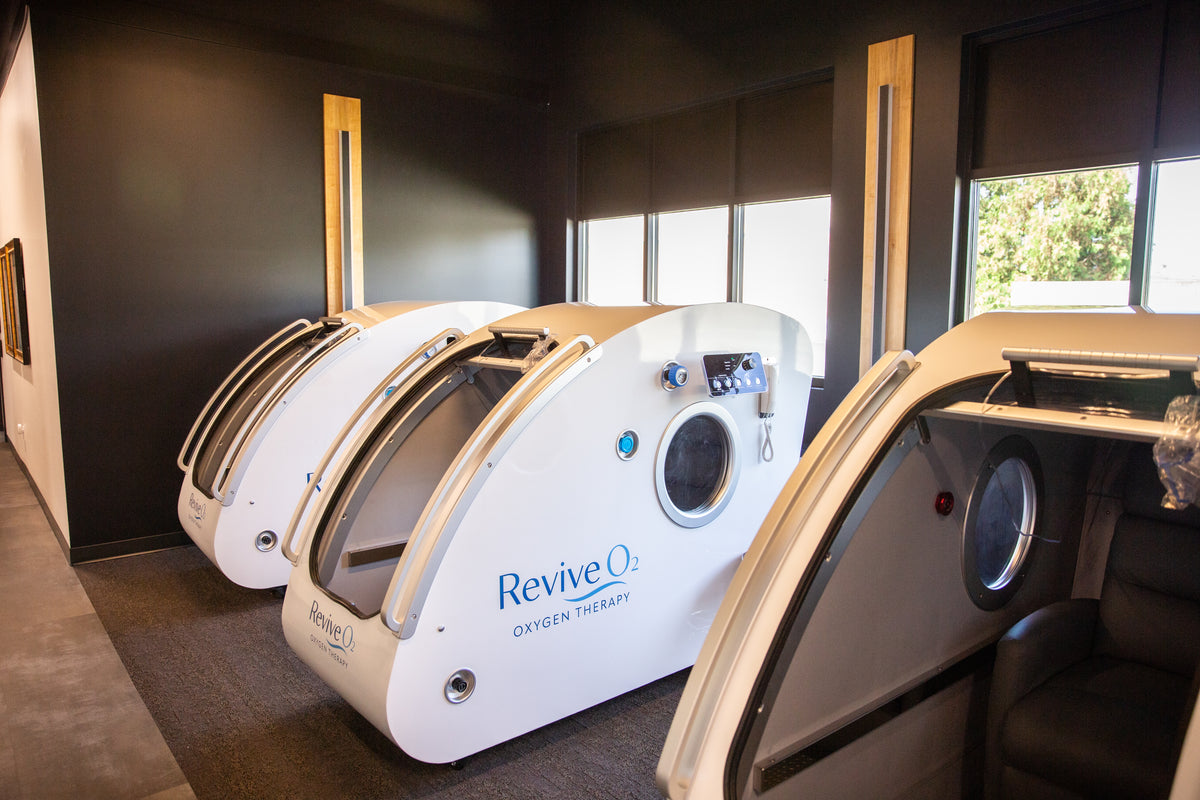 Hard-shell Revive O2 hyperbaric chambers in MP Health's Elkhart treatment room